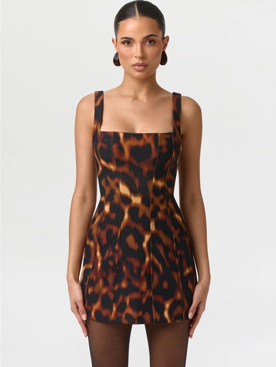 naked wardrobe Dresses & Skirts - naked wardrobe Leopard-Print Square-Neck Mini Dress in Black and Brown
